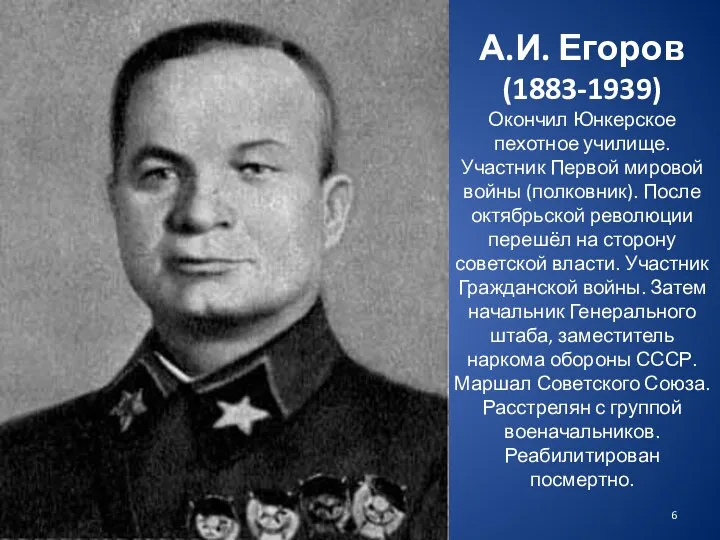 А.И. Егоров (1883-1939) Окончил Юнкерское пехотное училище. Участник Первой мировой войны