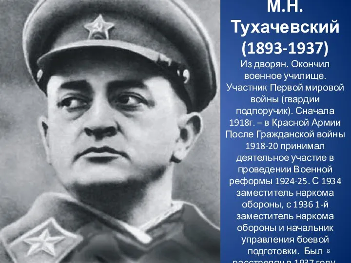 М.Н. Тухачевский (1893-1937) Из дворян. Окончил военное училище. Участник Первой мировой