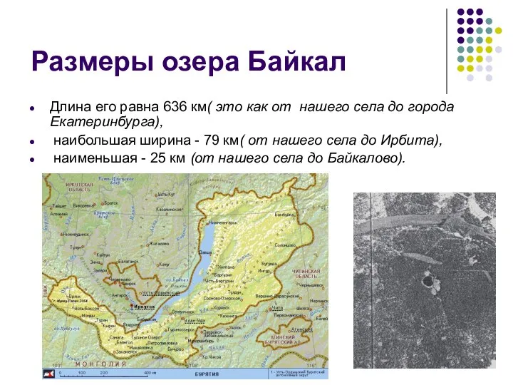 Размеры озера Байкал Длина его равна 636 км( это как от
