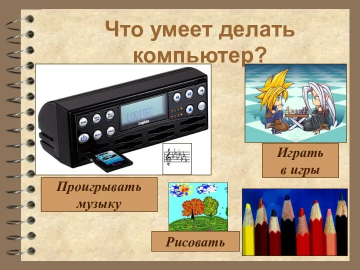 Что умеет делать компьютер? Рисовать Играть в игры Проигрывать музыку