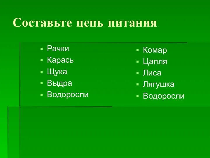 Составьте цепь питания Рачки Карась Щука Выдра Водоросли Комар Цапля Лиса Лягушка Водоросли