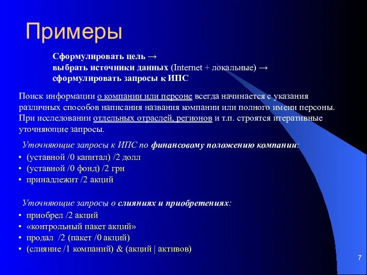 Примеры Поиск информации о компании или персоне всегда начинается с указания