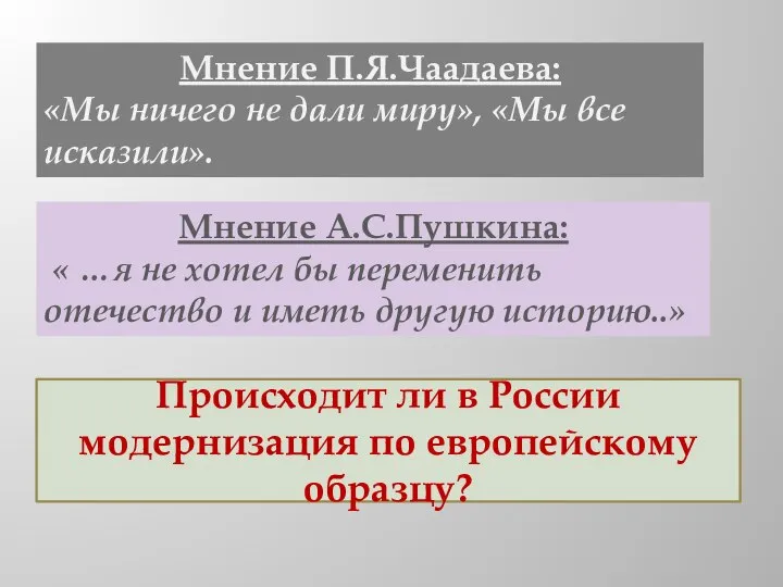 Мнение П.Я.Чаадаева: «Мы ничего не дали миру», «Мы все исказили». Мнение