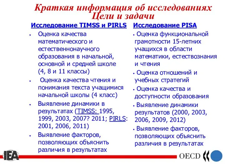 Краткая информация об исследованиях Цели и задачи Исследование TIMSS и PIRLS