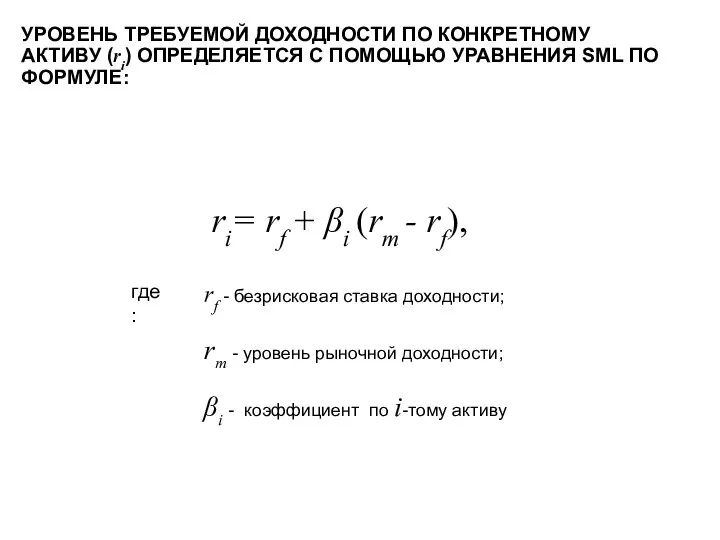 ri= rf + βi (rm - rf), УРОВЕНЬ ТРЕБУЕМОЙ ДОХОДНОСТИ ПО