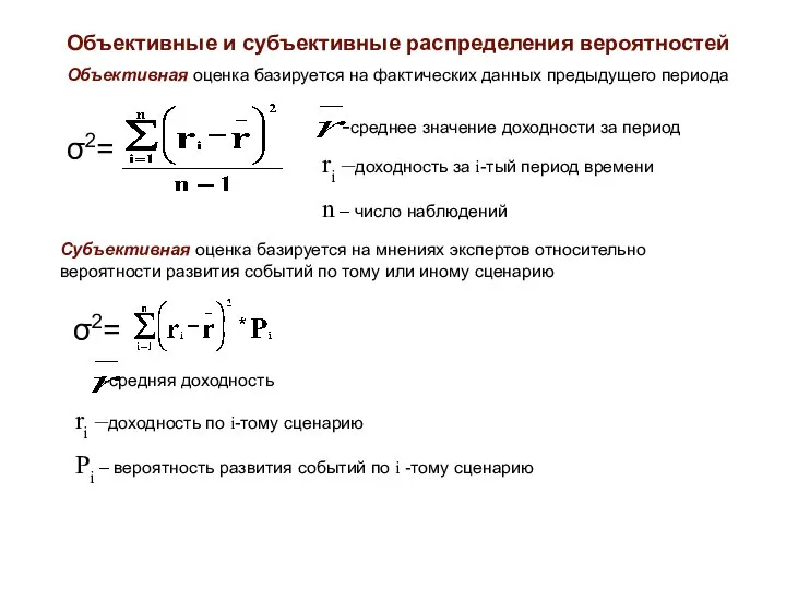 Объективные и субъективные распределения вероятностей Объективная оценка базируется на фактических данных