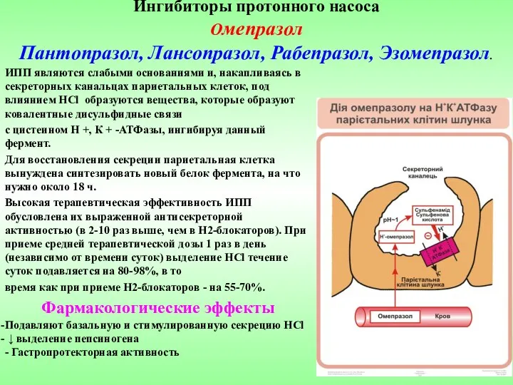 Ингибиторы протонного насоса Омепразол Пантопразол, Лансопразол, Рабепразол, Эзомепразол. ИПП являются слабыми