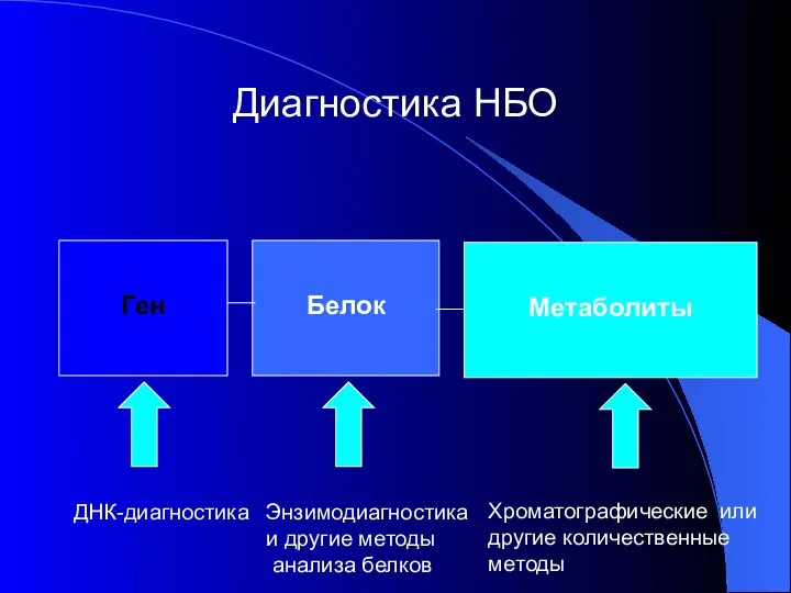 Диагностика НБО Ген Белок Метаболиты ДНК-диагностика Энзимодиагностика и другие методы анализа