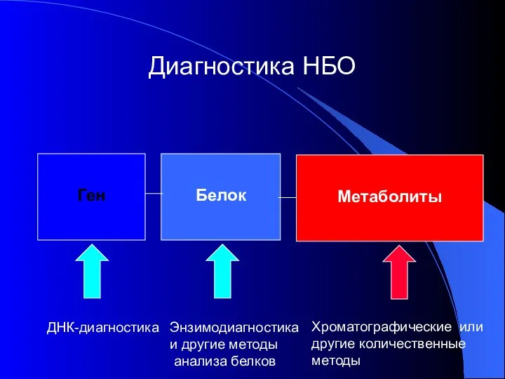 Диагностика НБО Ген Белок Метаболиты ДНК-диагностика Энзимодиагностика и другие методы анализа