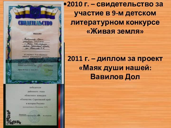 2010 г. – свидетельство за участие в 9-м детском литературном конкурсе