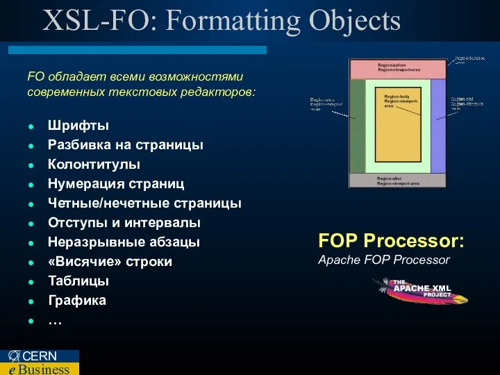 XSL-FO: Formatting Objects Шрифты Разбивка на страницы Колонтитулы Нумерация страниц Четные/нечетные