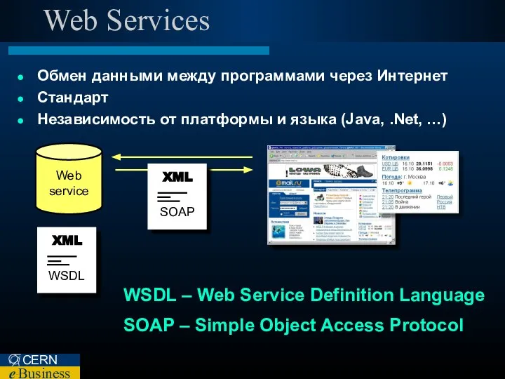 Web Services Web service WSDL XML SOAP XML Обмен данными между