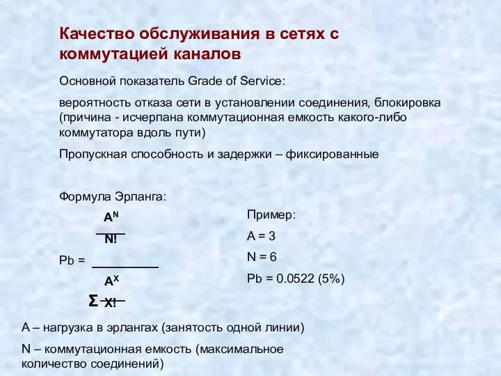 Качество обслуживания в сетях с коммутацией каналов Основной показатель Grade of