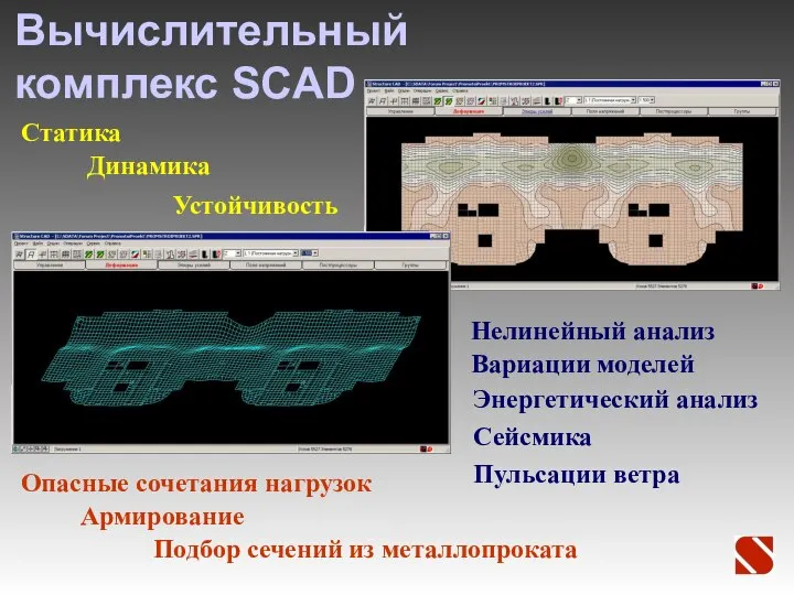 Вычислительный комплекс SCAD Статика Динамика Устойчивость Нелинейный анализ Вариации моделей Армирование