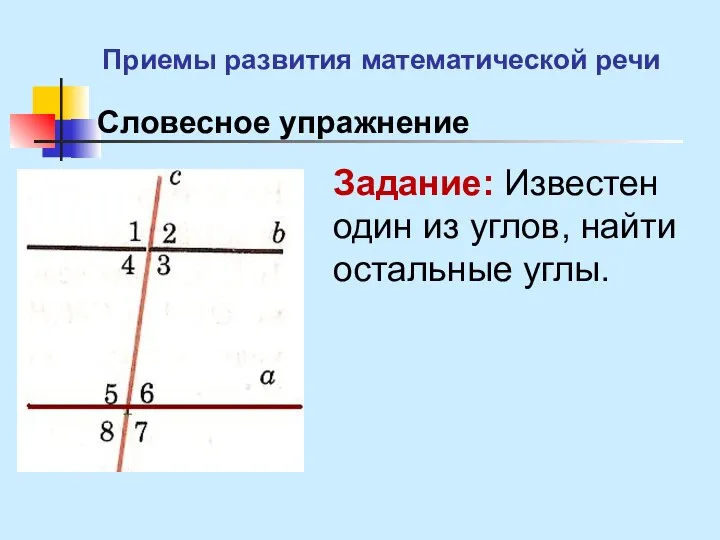 Словесное упражнение Задание: Известен один из углов, найти остальные углы. Приемы развития математической речи