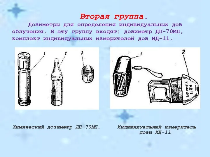 Вторая группа. Дозиметры для определения индивидуальных доз облу­чения. В эту группу