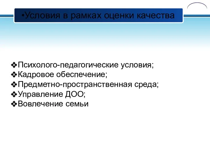 Условия в рамках оценки качества Психолого-педагогические условия; Кадровое обеспечение; Предметно-пространственная среда; Управление ДОО; Вовлечение семьи