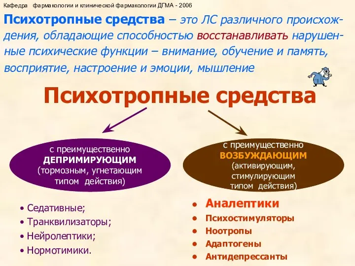 Психотропные средства – это ЛС различного происхож-дения, обладающие способностью восстанавливать нарушен-ные