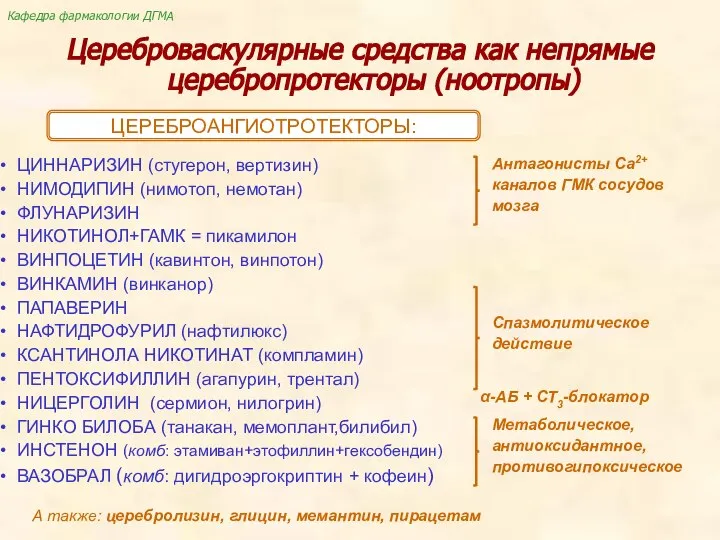 Кафедра фармакологии ДГМА Цереброваскулярные средства как непрямые церебропротекторы (ноотропы) ЦЕРЕБРОАНГИОТРОТЕКТОРЫ: ЦИННАРИЗИН