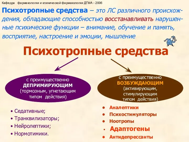 Психотропные средства – это ЛС различного происхож-дения, обладающие способностью восстанавливать нарушен-ные