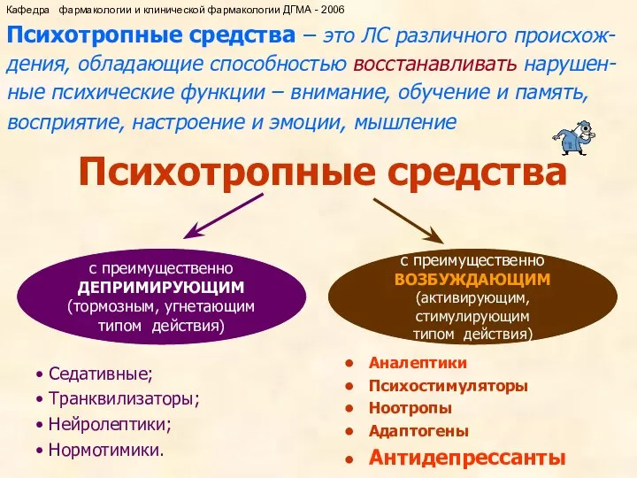 Психотропные средства – это ЛС различного происхож-дения, обладающие способностью восстанавливать нарушен-ные