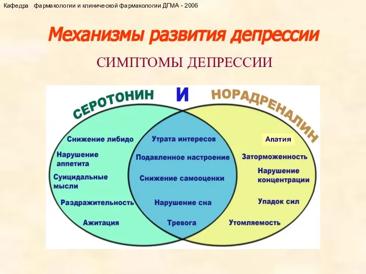 Механизмы развития депрессии СИМПТОМЫ ДЕПРЕССИИ Кафедра фармакологии и клинической фармакологии ДГМА - 2006