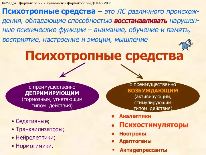 Психотропные средства – это ЛС различного происхож-дения, обладающие способностью восстанавливать нарушен-ные