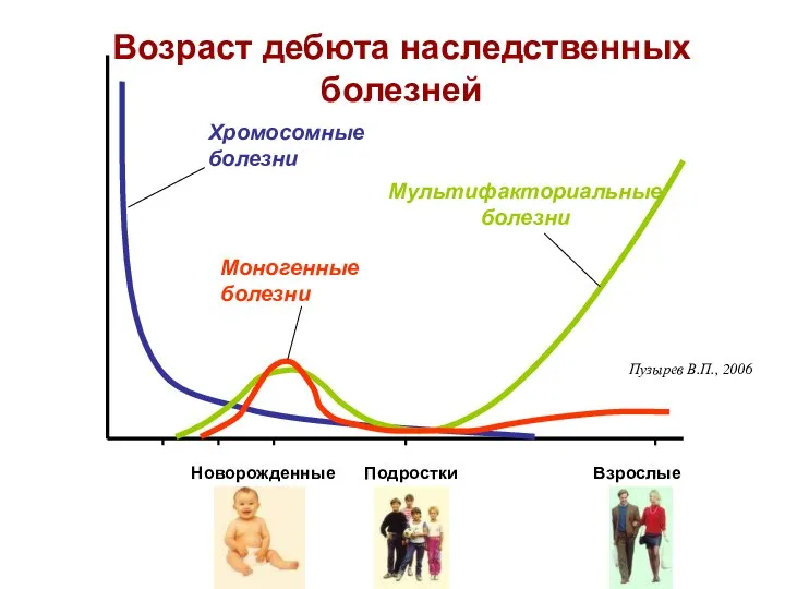 Хромосомные болезни Моногенные болезни Мультифакториальные болезни Новорожденные Подростки Взрослые Возраст дебюта наследственных болезней Пузырев В.П., 2006