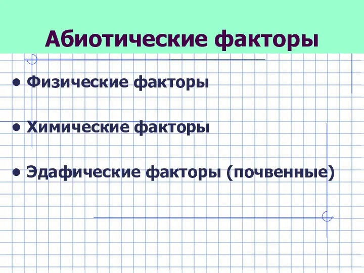 Абиотические факторы Физические факторы Химические факторы Эдафические факторы (почвенные)