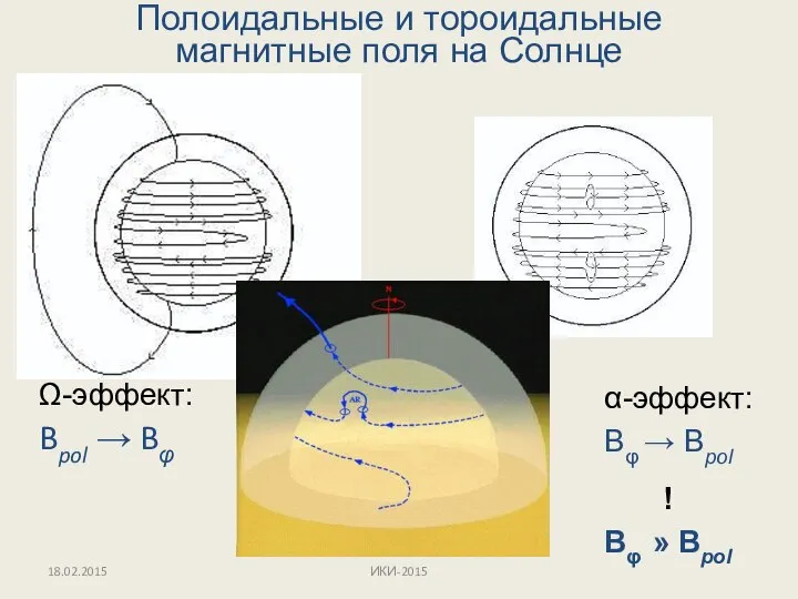 Полоидальные и тороидальные магнитные поля на Солнце Ω-эффект: Bpol → Bφ