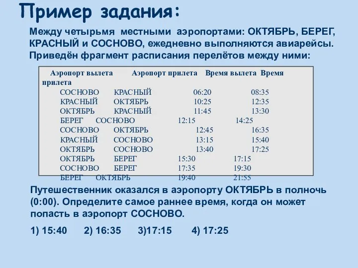 Пример задания: Аэропорт вылета Аэропорт прилета Время вылета Время прилета СОСНОВО