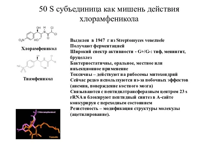 Тиамфеникол Хлорамфеникол Выделен в 1947 г из Streptomyces venezuele Получают ферментацией