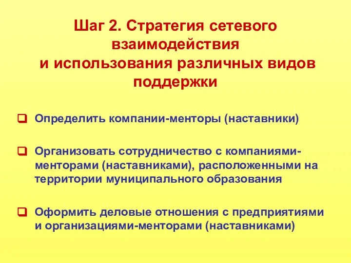 Шаг 2. Стратегия сетевого взаимодействия и использования различных видов поддержки Определить