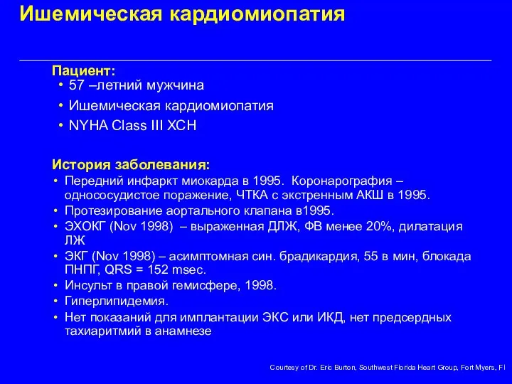 57 –летний мужчина Ишемическая кардиомиопатия NYHA Class III ХСН Передний инфаркт