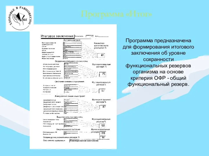 Программа «Итог» Программа предназначена для формирования итогового заключения об уровне сохранности