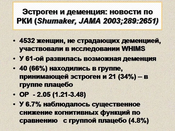 Эстроген и деменция: новости по РКИ (Shumaker, JAMA 2003;289:2651) 4532 женщин,