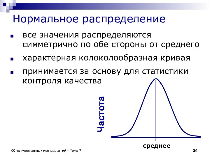 Нормальное распределение все значения распределяются симметрично по обе стороны от среднего