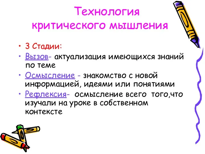 Технология критического мышления 3 Стадии: Вызов- актуализация имеющихся знаний по теме