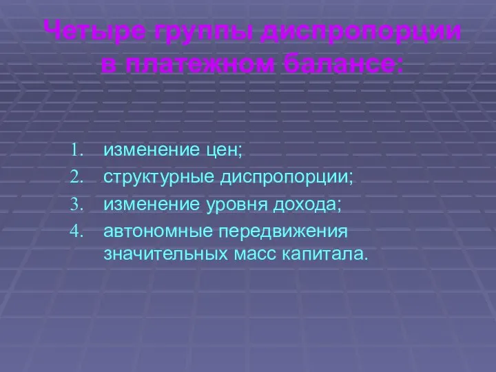 Четыре группы диспропорции в платежном балансе: изменение цен; структурные диспропорции; изменение