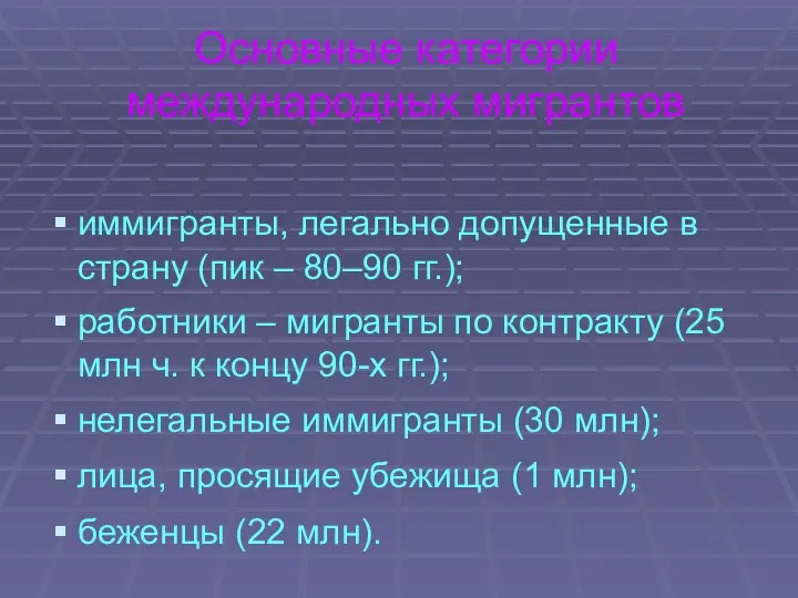 Основные категории международных мигрантов иммигранты, легально допущенные в страну (пик –