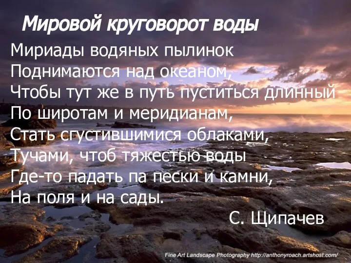 Мировой круговорот воды Мириады водяных пылинок Поднимаются над океаном, Чтобы тут