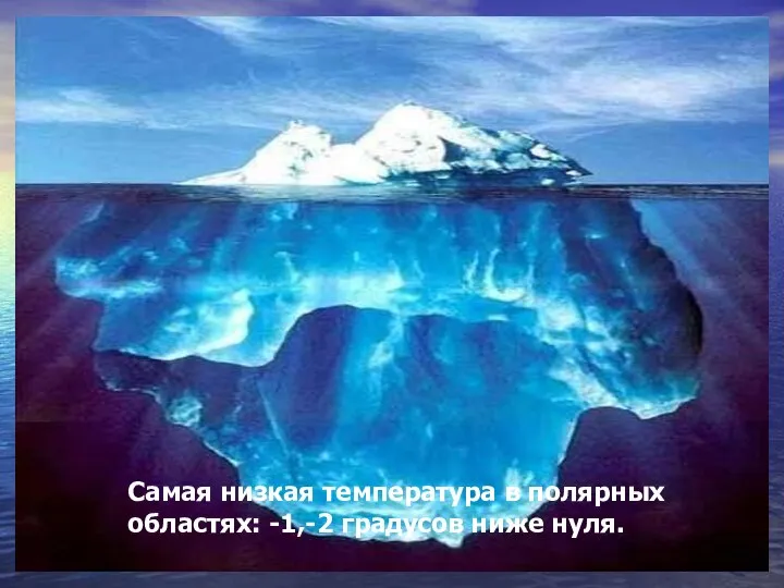 Самая низкая температура в полярных областях: -1,-2 градусов ниже нуля.