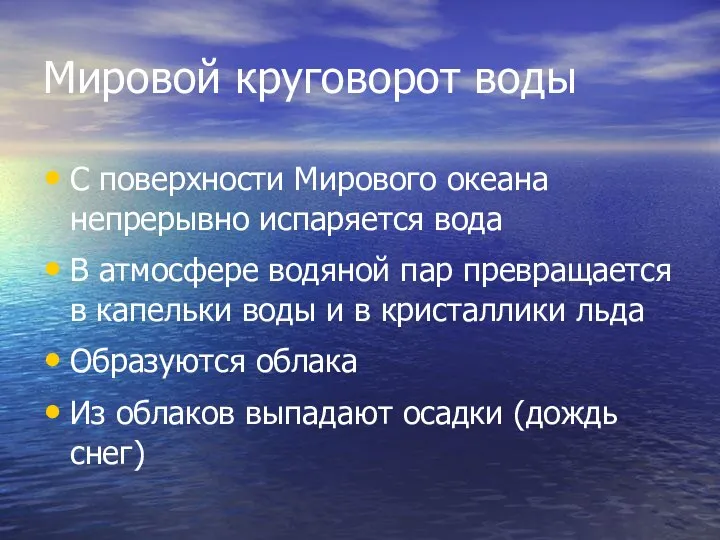 Мировой круговорот воды С поверхности Мирового океана непрерывно испаряется вода В