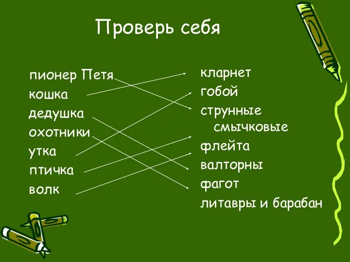 Проверь себя пионер Петя кошка дедушка охотники утка птичка волк кларнет