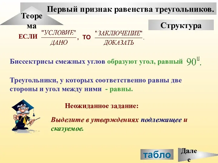 Первый признак равенства треугольников. Теорема Структура Треугольники, у которых соответственно равны