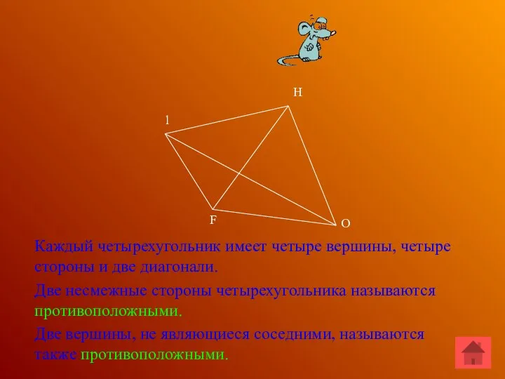 Четырехугольники F l Н О Каждый четырехугольник имеет четыре вершины, четыре