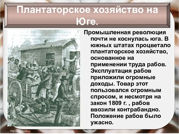 Промышленная революция почти не коснулась юга. В южных штатах процветало плантаторское