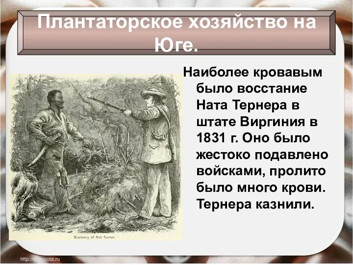 Наиболее кровавым было восстание Ната Тернера в штате Виргиния в 1831