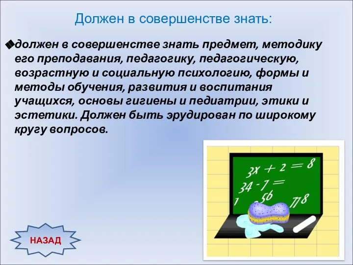 НАЗАД Должен в совершенстве знать: должен в совершенстве знать предмет, методику
