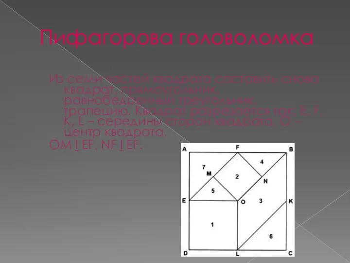 Пифагорова головоломка Из семи частей квадрата составить снова квадрат, прямоугольник, равнобедренный